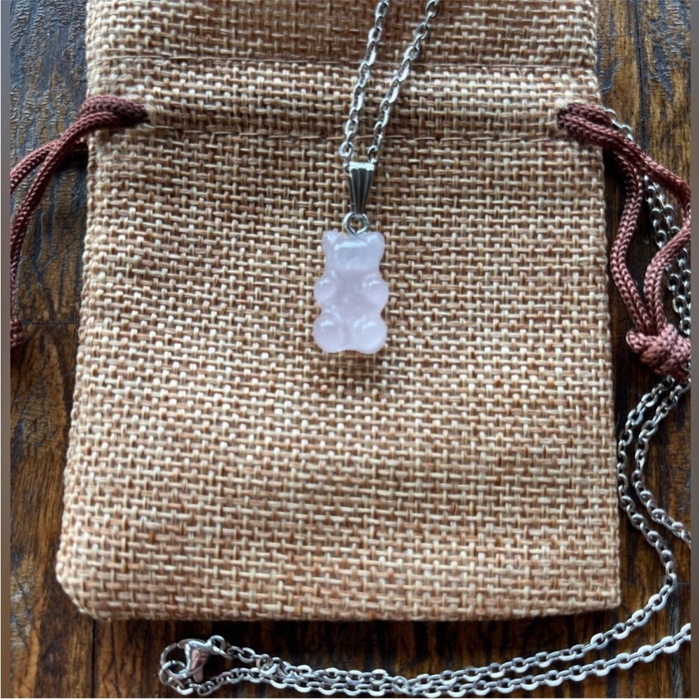 Rose Quartz Gummy Bear Necklace Rose Quartz Necklace Y2K Crystal Necklace